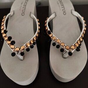 XMistuo Wedge Heel Platform Flip Flops Open Toe Jeweled Summer Thong Sandals